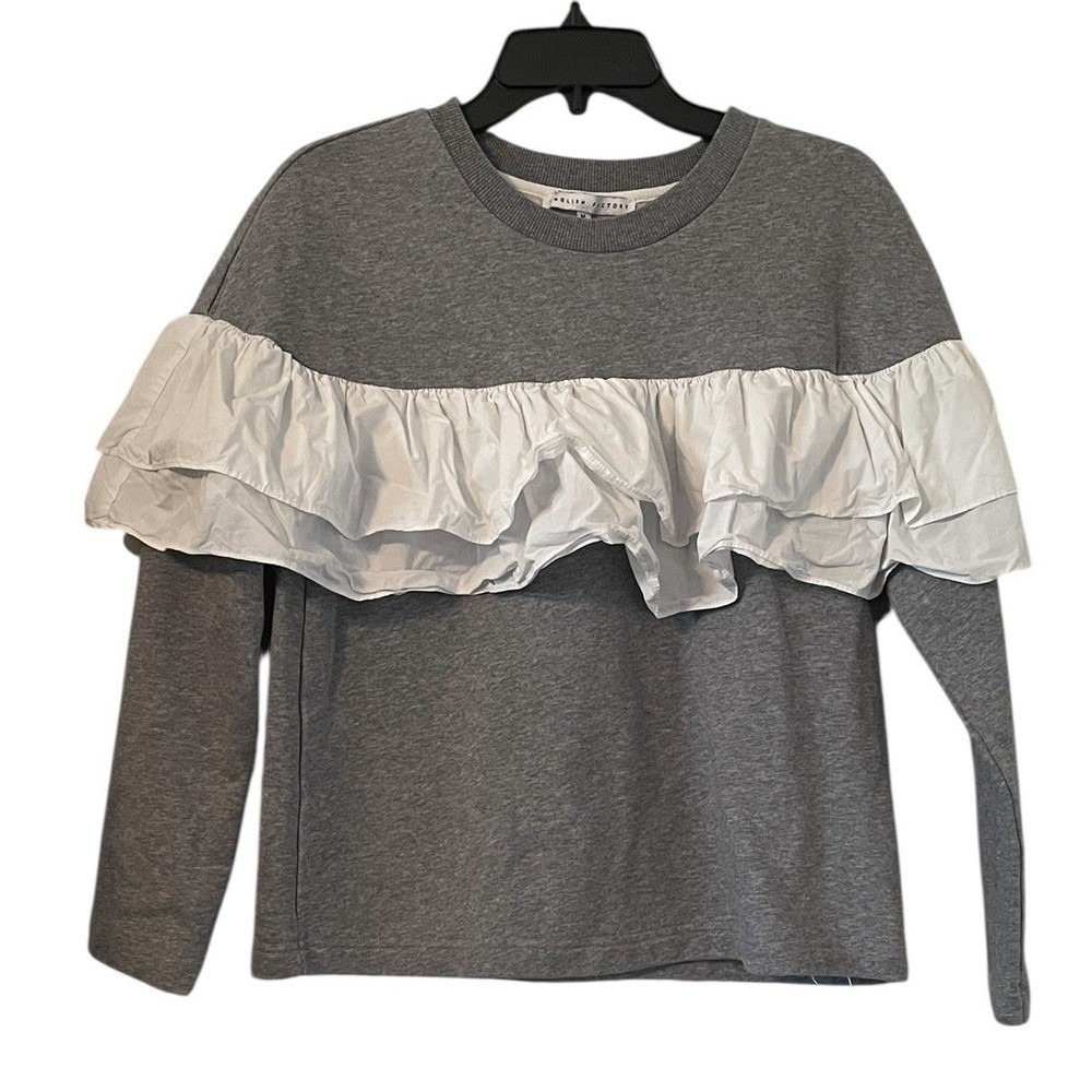 English Factory Women's Gray/White Ruffle Center‎ Pullover Sweater Size M